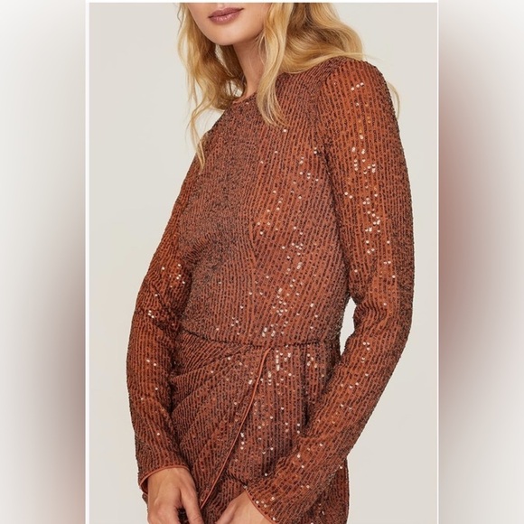 TOCCIN X RTR Sequin Faux Wrap Brown Mini Dress Cocktail Formal Event Size 2 - Picture 2 of 12